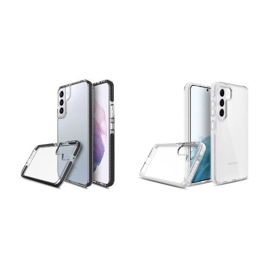 Clear shockproof cases on two Samsung Galaxy phones