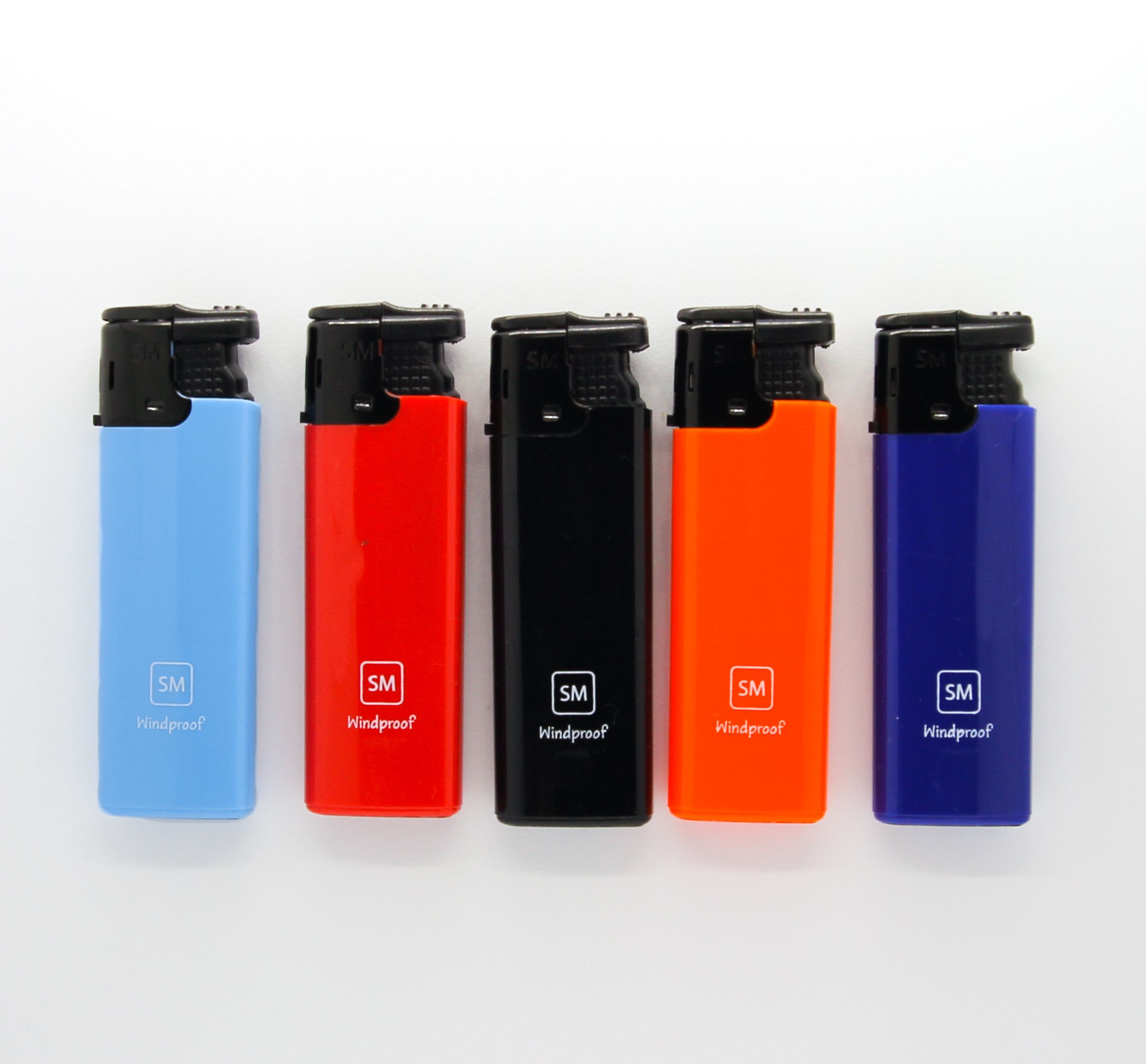 Five SM Windproof lighters in black, red, orange, light blue and royal blue